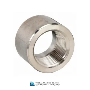 Industrial stainless steel half coupling showing the beveled weld end and internal threading