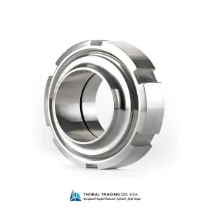 Exploded view of a hygienic stainless steel union assembly including nut, liner, male part, and seal